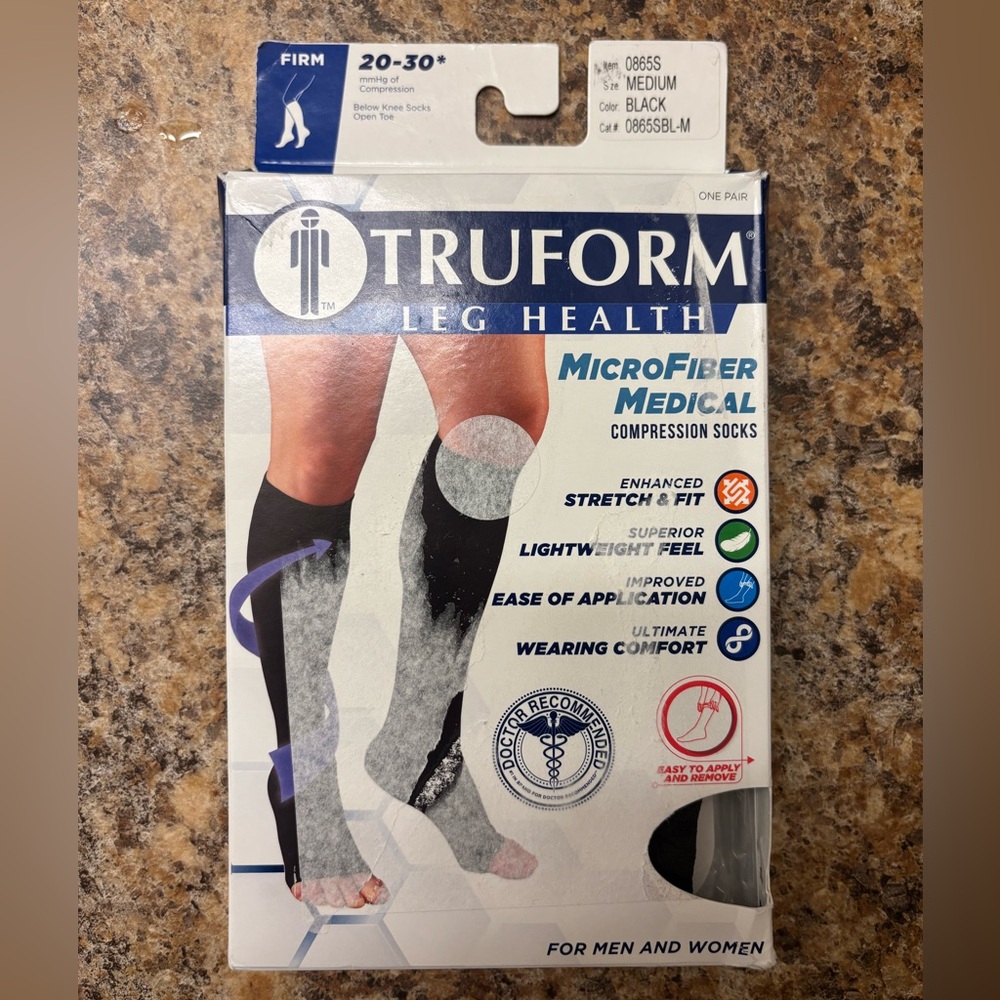 Truform Microfiber Medical Compression Open Toe Socks - Black (20-30 mmHg)